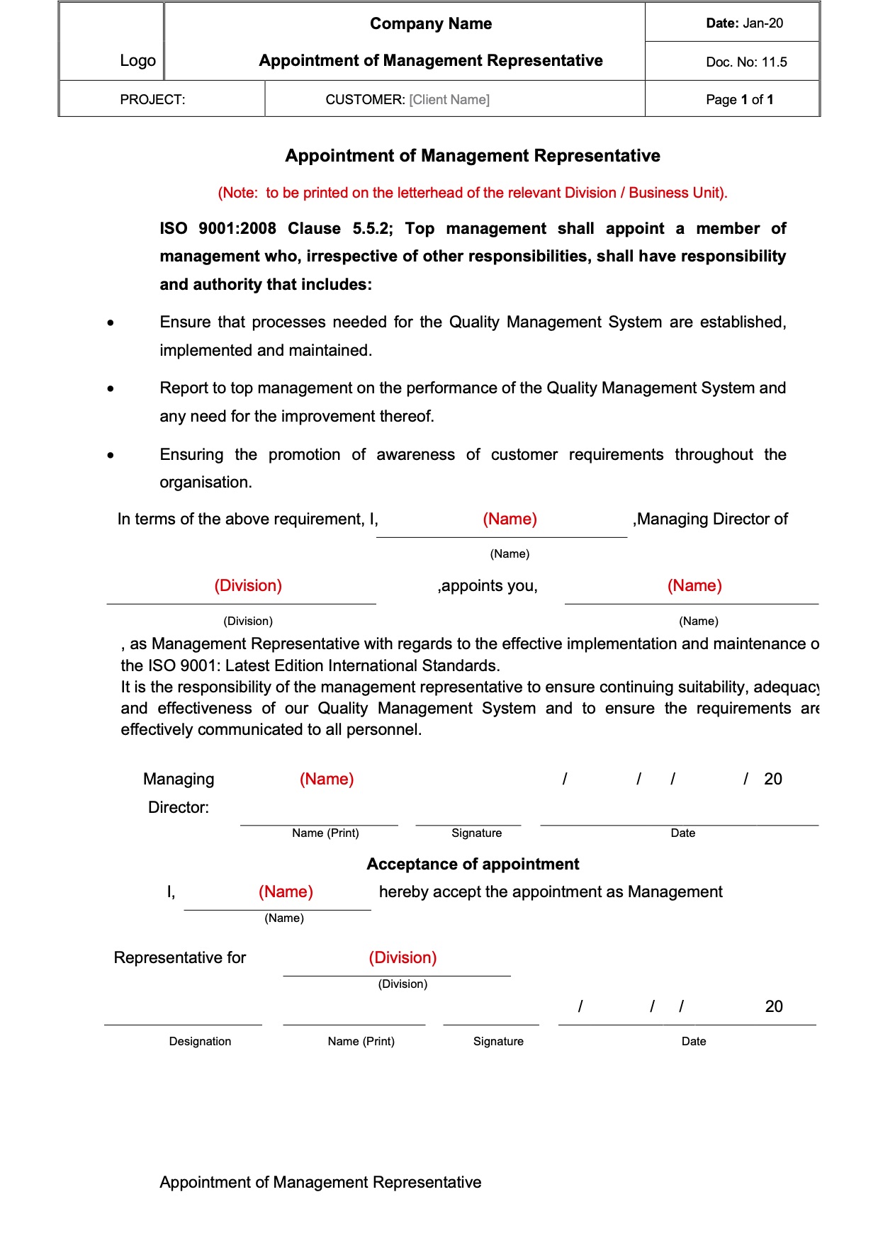 CT058 Appointment of Management Representative